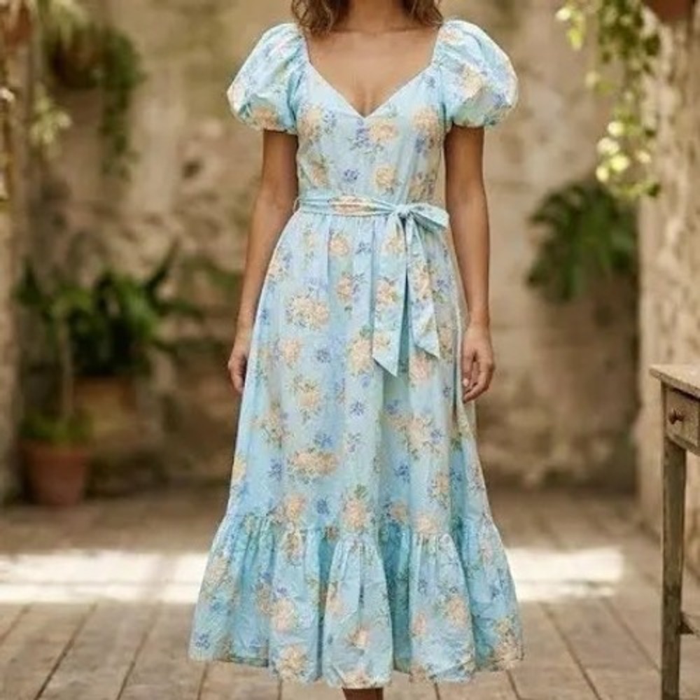 LoveShackFancy Target Blue Floral Puff Sleeve Midi Dress Size 2 NWT